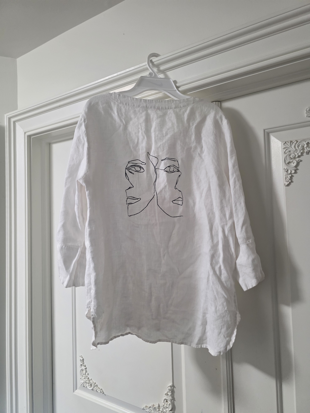 White Linen Longline Blazer with Minimal Face Line Art